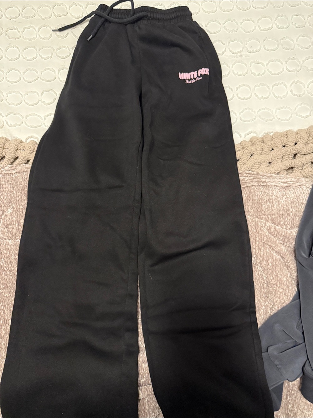 White Fox Boutique Black Track Pants with Pink Logo